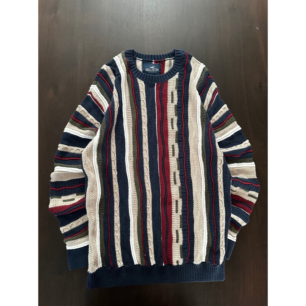 Hollister Mens Multi Color 3D Cable Knit Striped Crewneck Sweater Vintage Style